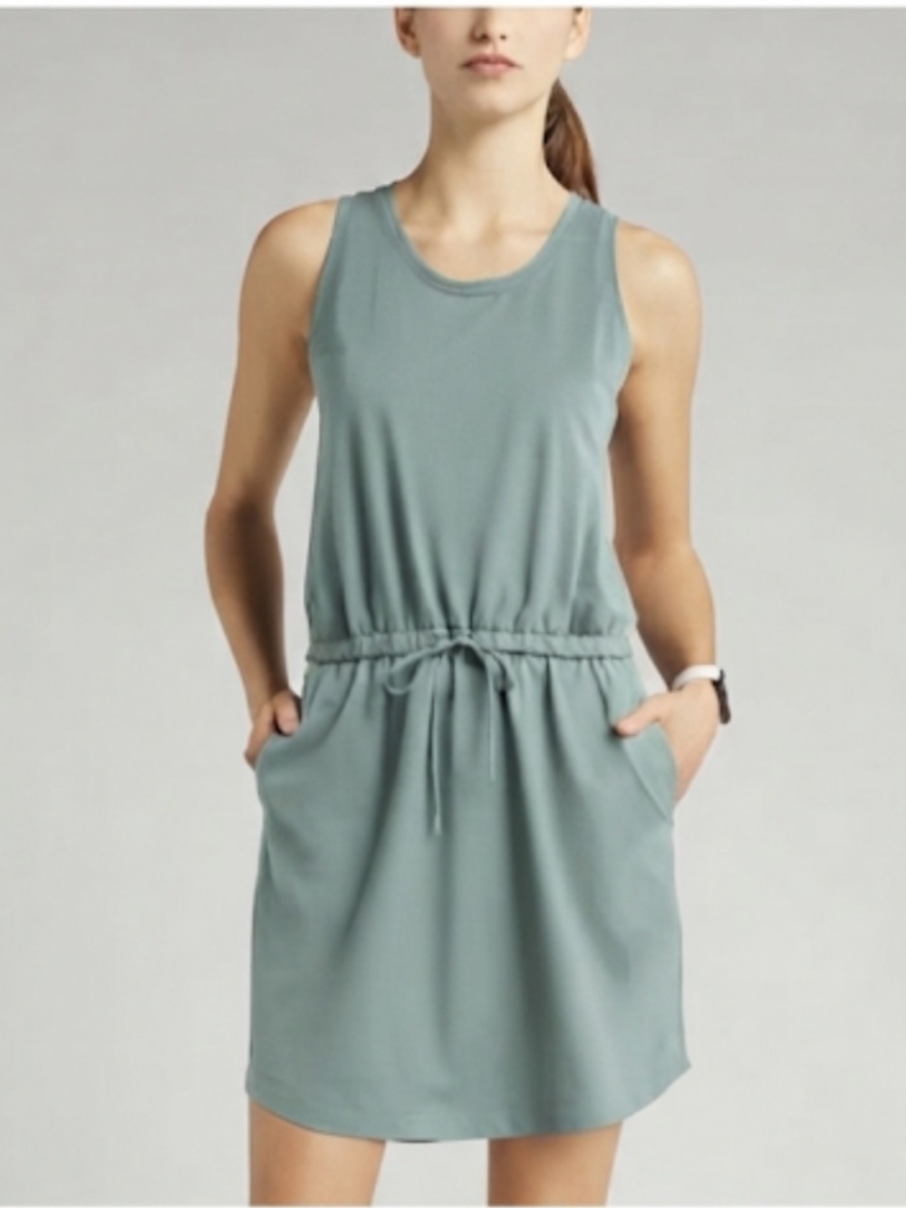 Zella Live In Dress Sleeveless Elastic Tie Waist Rounded Hem Pockets Green Small